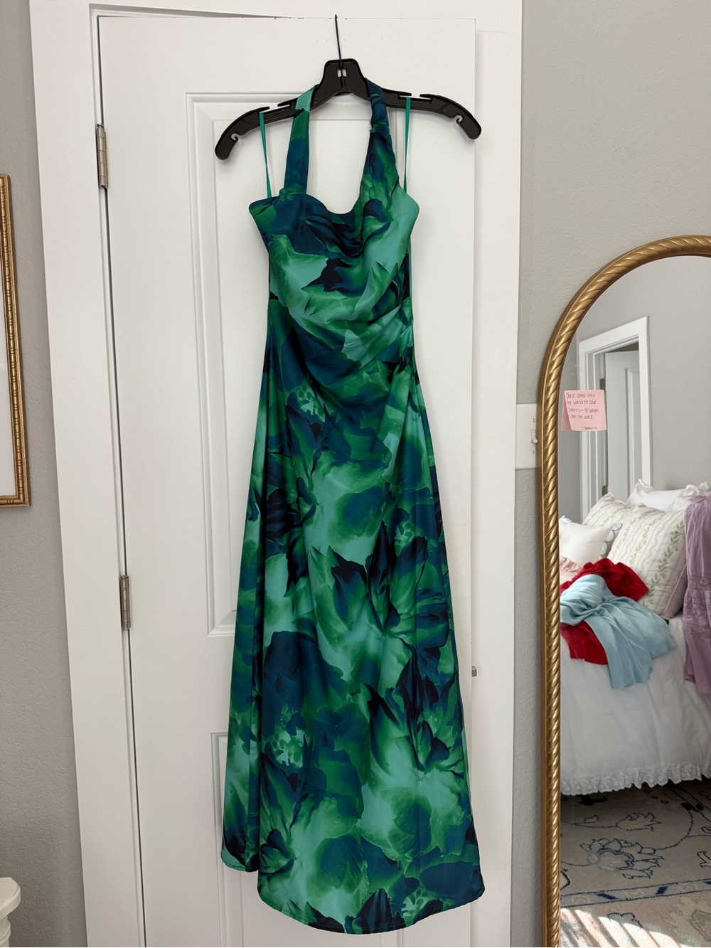 Green Floral Satin Halter Maxi Dress